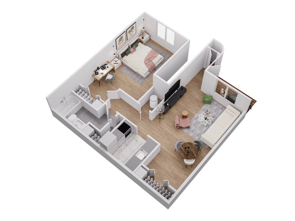 1 bedroom apartment layout illustration provided by Emerald Pond Estates; actual layouts may vary