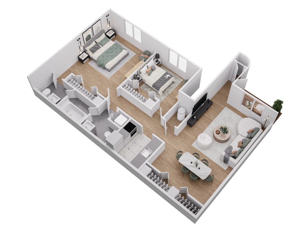 2 bedrooms apartment layout illustration provided by Emerald Pond Estates; actual layouts may vary